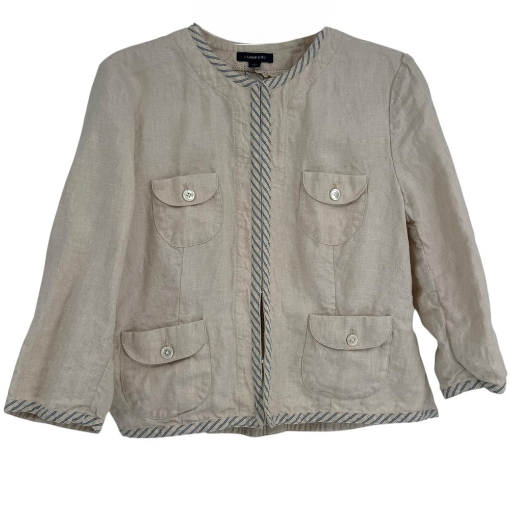 Lands' End Linen Jacket Size 14 Beige Pockets Hook/eye Front Closure 3/4 Sleeve